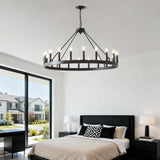 Matte Black 20-Light Farmhouse Wagon Wheel Chandelier - Omega Lifestyles