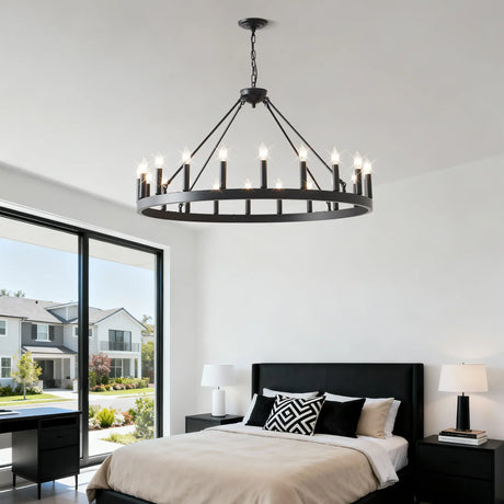 Matte Black 20-Light Farmhouse Wagon Wheel Chandelier - Omega Lifestyles