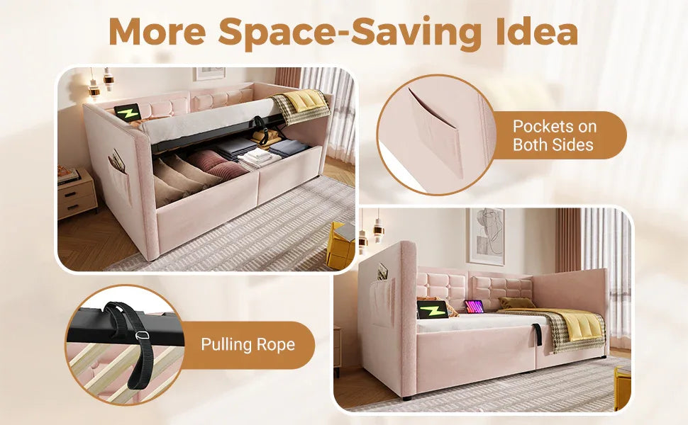 Twin Pink Velvet Upholstered Hydraulic Storage Bed Frame - Omega Lifestyles