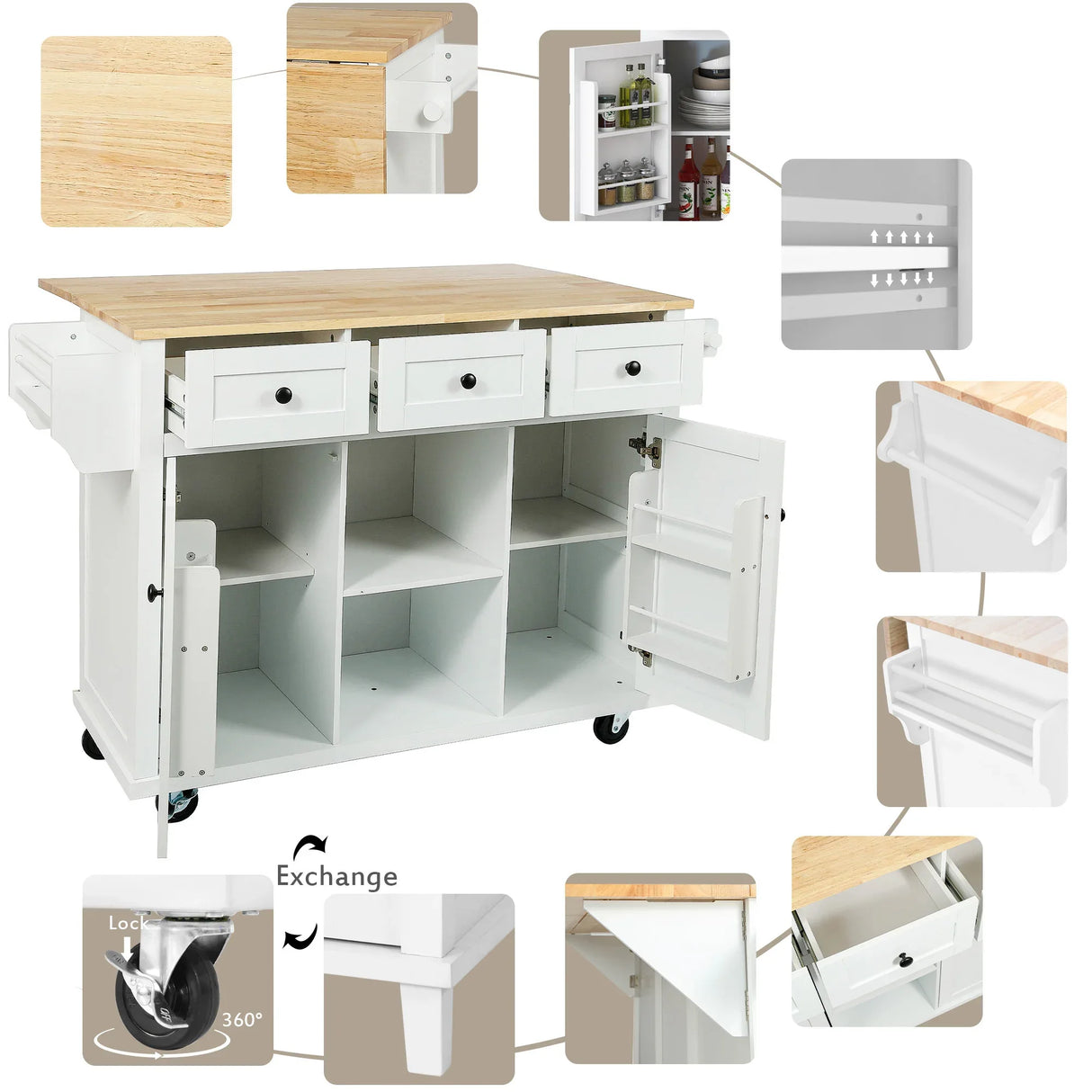 Kitchen Cart With Rubber Wood Drop-Leaf Countertop Storage - Omega Lifestyles