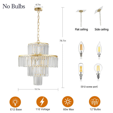 Luxury 4-Tier Crystal Chandelier 12-Light Gold Pendant Light - Omega Lifestyles