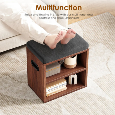 Walnut Wood Small Shoe Storage Bench With Cushion Seating - Omega Lifestyles