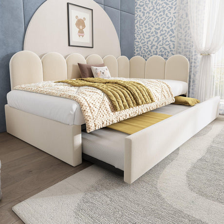 Beige Velvet L-Shaped Twin Daybed With Pull-Out Trundle - Omega Lifestyles