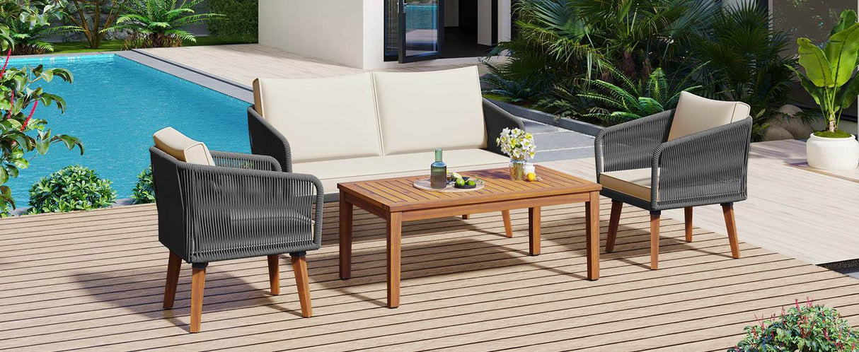 4-Piece Mid-Century Modern Woven Rope Patio Furniture Set - Omega Lifestyles