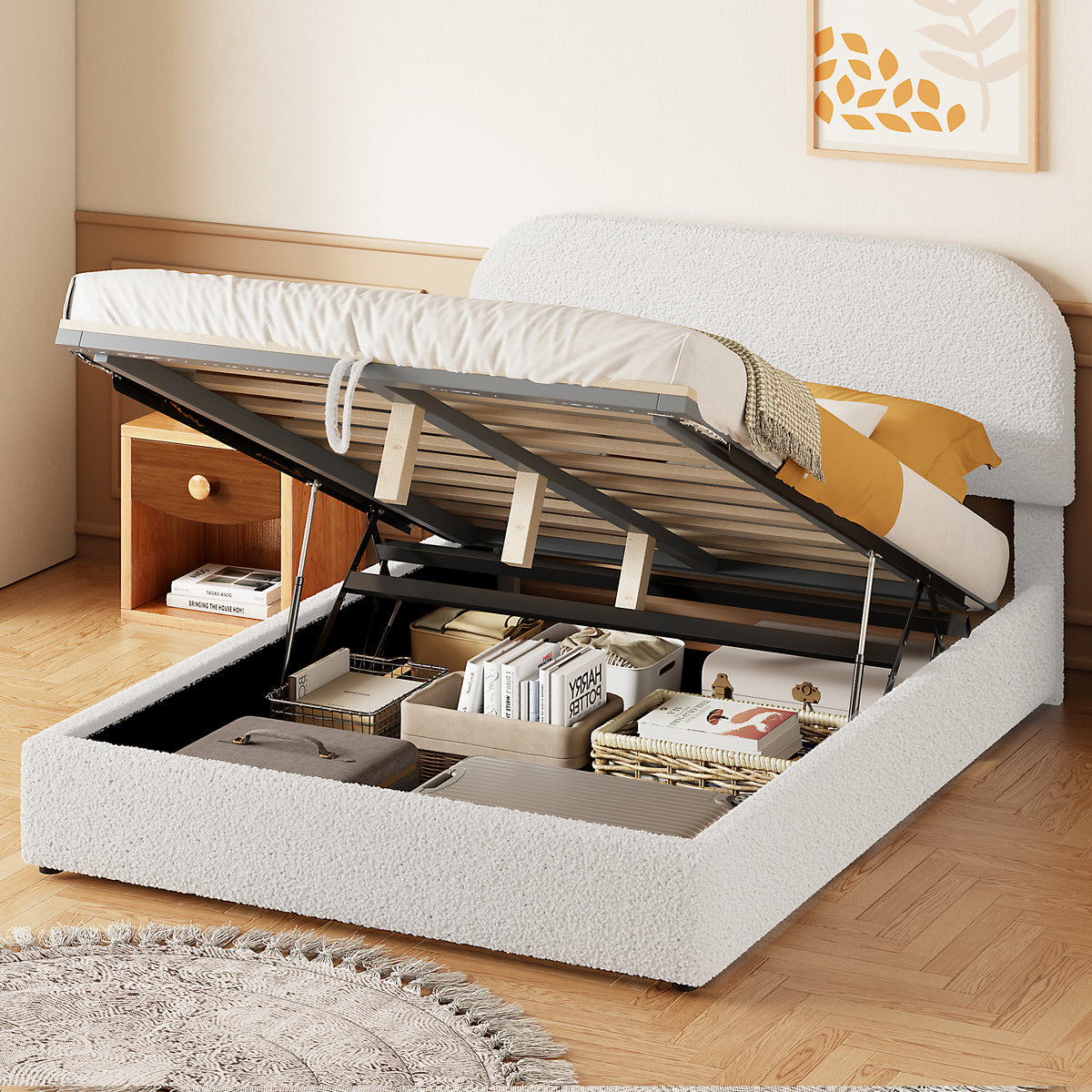 Full Upholstered Teddy Fleece Platform Bed With Hydraulic Storage