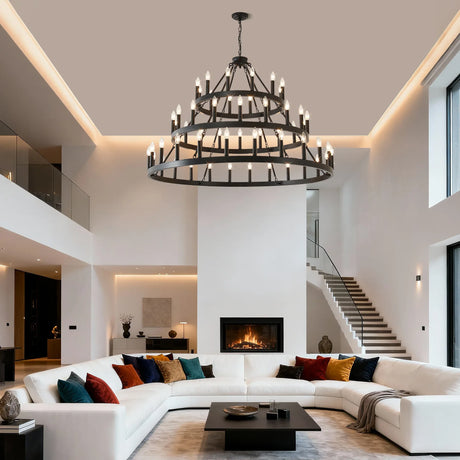 Farmhouse 54-Light Matte Black Wagon Wheel Chandelier - Omega Lifestyles