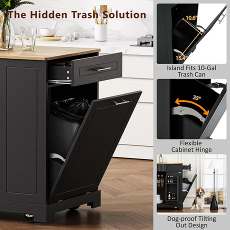 Fluted Rubber Wood Kitchen Island With Trash Can Cabinet - Omega Lifestyles