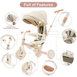 7-In-1 Foldable Aluminum Alloy Baby Tricycle With Canopy - Omega Lifestyles