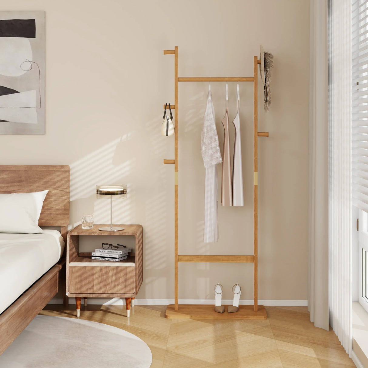 Solid Walnut Wood Coat Rack Stand With Natural Finish - Omega Lifestyles