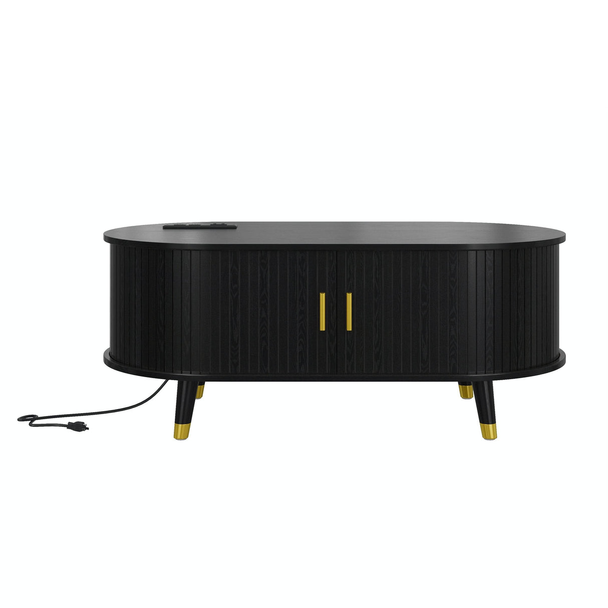 Mid-Century Modern Black Fluted Coffee Table With Charging Station - Sleep Galleria