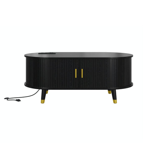 Mid-Century Modern Black Fluted Coffee Table With Charging Station - Sleep Galleria