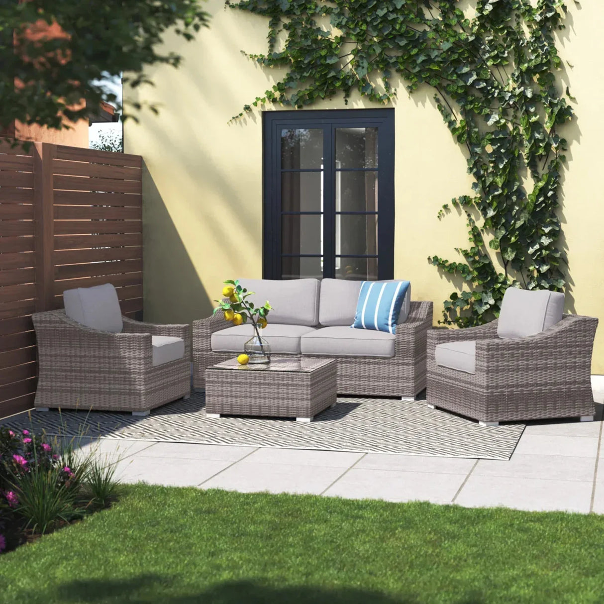 5-Piece 4-Seater All-Weather Wicker Outdoor Conversation Set - Omega Lifestyles