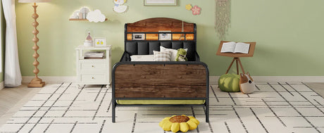 Twin Metal Platform Bed Frame With Upholstered Headboard And LED Light - Omega Lifestyles