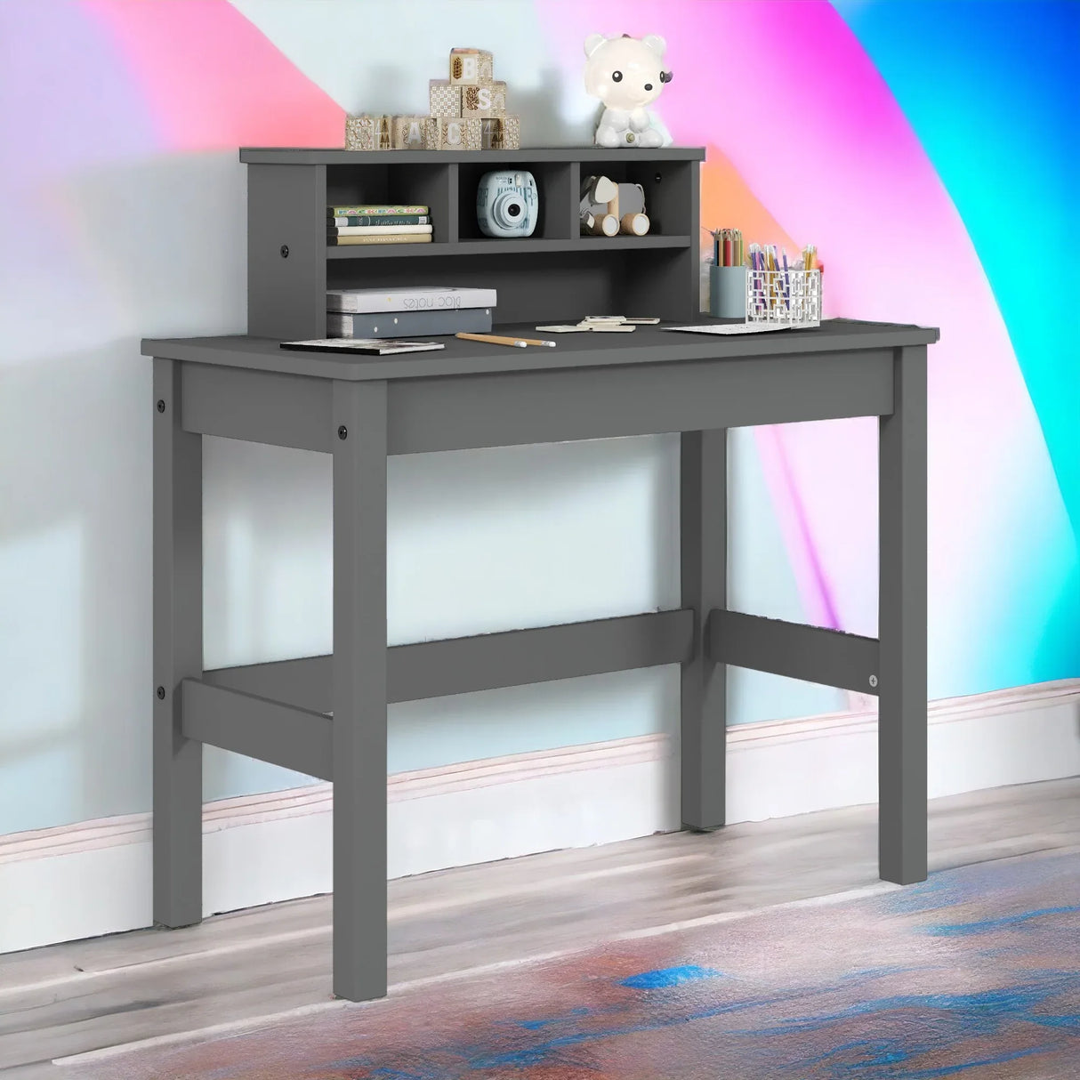 Gray Wood Rectangular Writing Desk With Hutch Storage - Omega Lifestyles