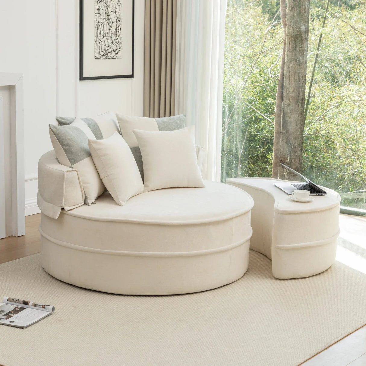 Modern Oversized Chenille Barrel Accent Chair With Ottoman - Omega Lifestyles