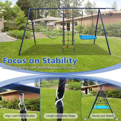 6-in-1 Backyard Steel Frame Swing Set With Ladder - Omega Lifestyles