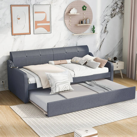 Twin Upholstered Daybed With Trundle And USB Charging - Omega Lifestyles