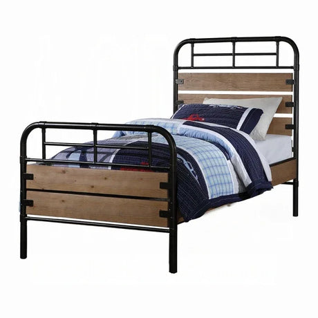 Twin Panel Bed Metal Frame With Oak Wooden Slats - Omega Lifestyles