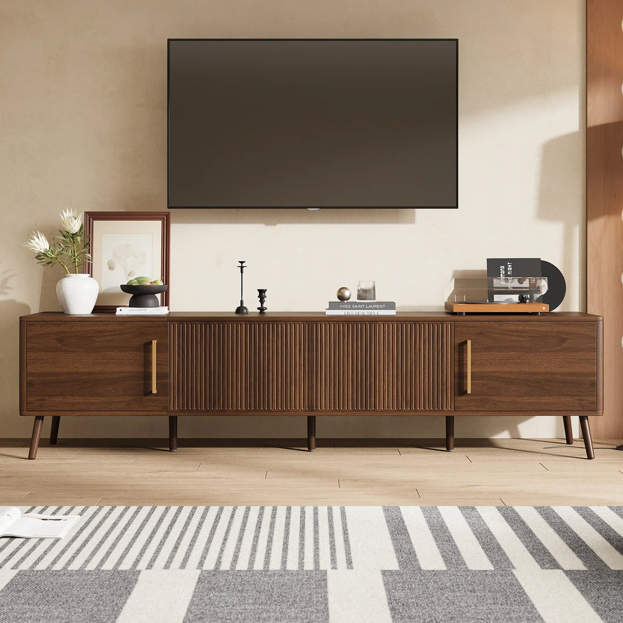 Modern Walnut Fluted Door 78-Inch TV Stand - Omega Lifestyles