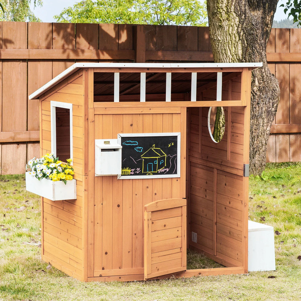 Kids Outdoor Wooden Playhouse With Door Windows Mailbox Bench - Omega Lifestyles