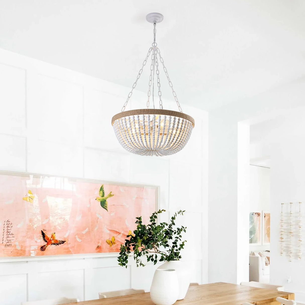 Farmhouse Wood Beaded Pendant Chandelier Lighting - Omega Lifestyles