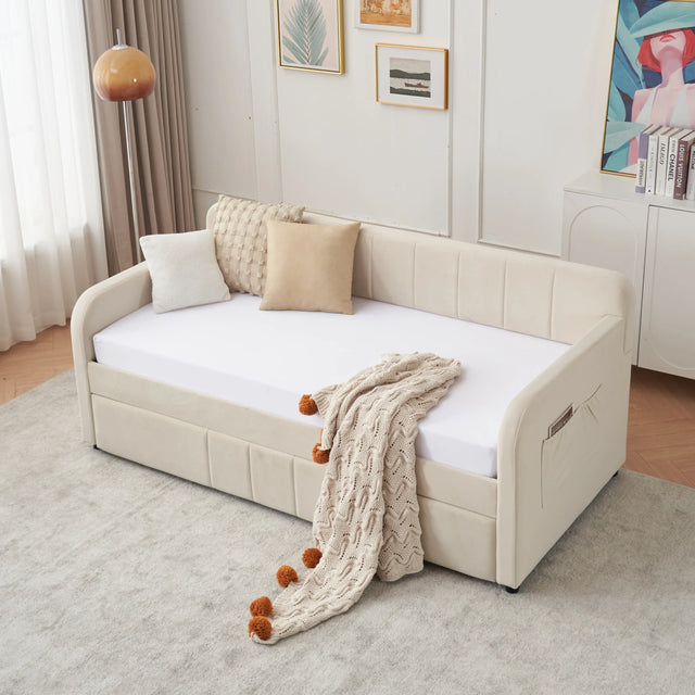 Twin Upholstered Velvet Daybed Frame With Trundle - Omega Lifestyles