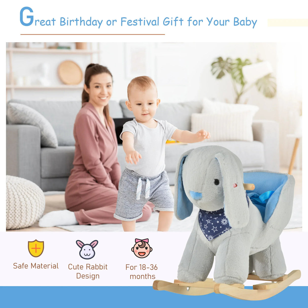 Plush Grey Bunny Ride-On Rocking Horse Toy - Omega Lifestyles