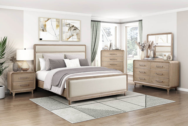 Modern Queen Upholstered Beige Chenille Wood Bed Frame - Omega Lifestyles