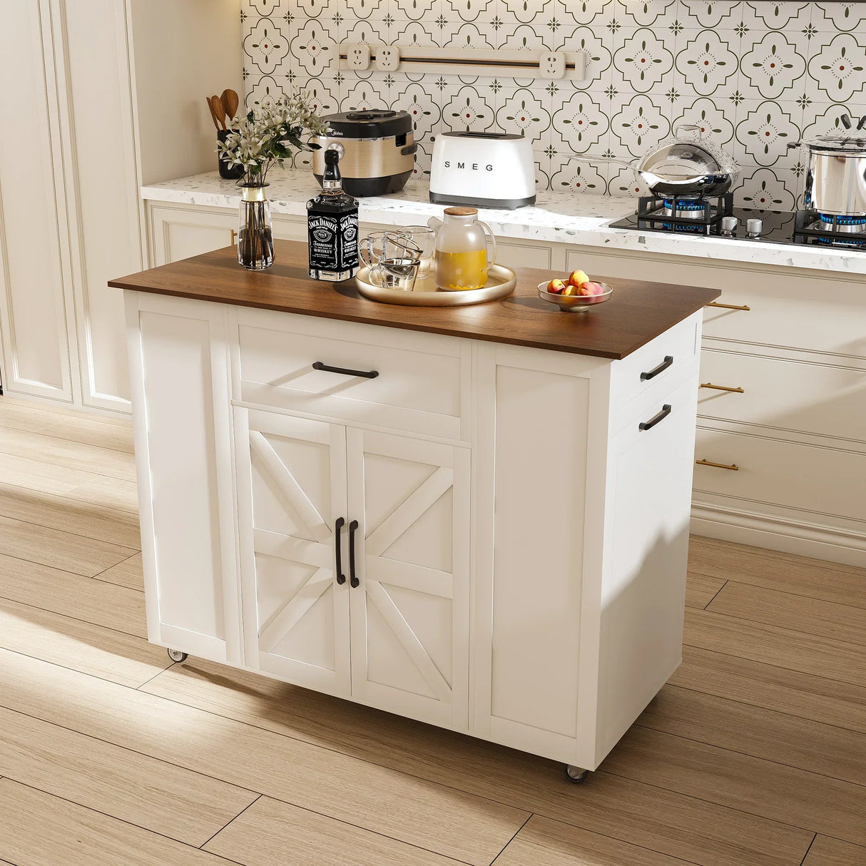 Rustic Mobile Kitchen Island With Storage And Power Outlet - Omega Lifestyles