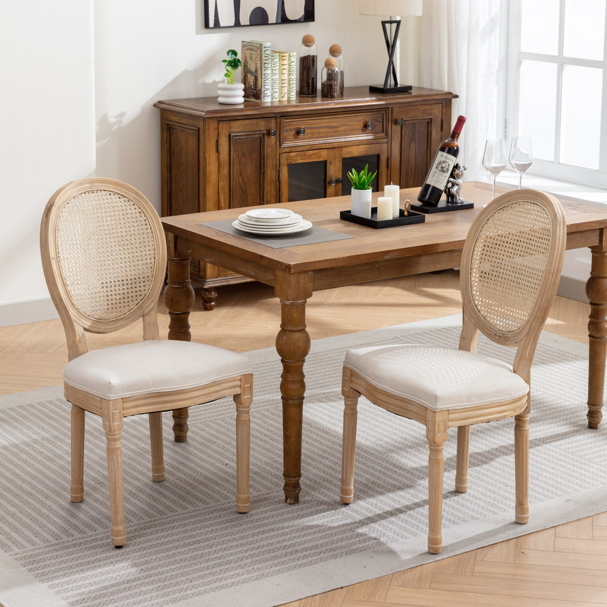 Set of 2 French Style Linen Fabric Rattan Back Dining Chairs