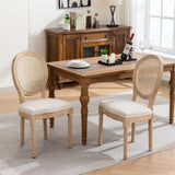 Set of 2 French Style Linen Fabric Rattan Back Dining Chairs