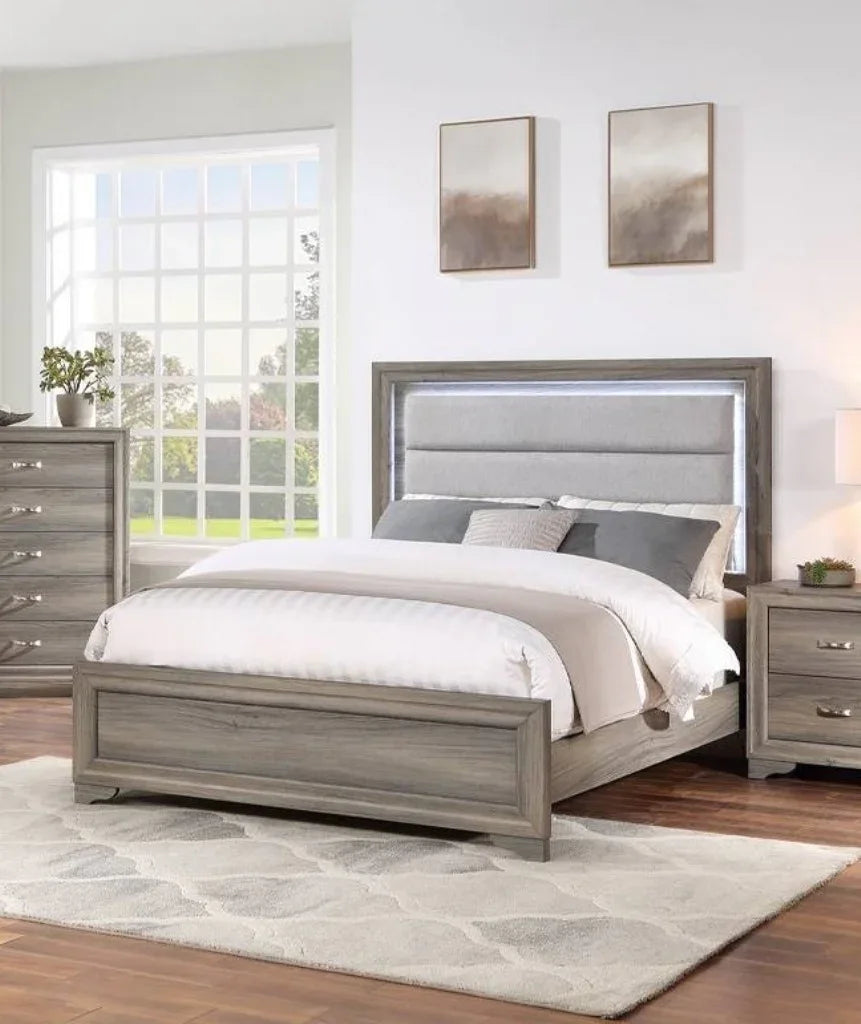 Queen Modern Light Brown Burlap Bed Frame With LED Lights - Omega Lifestyles