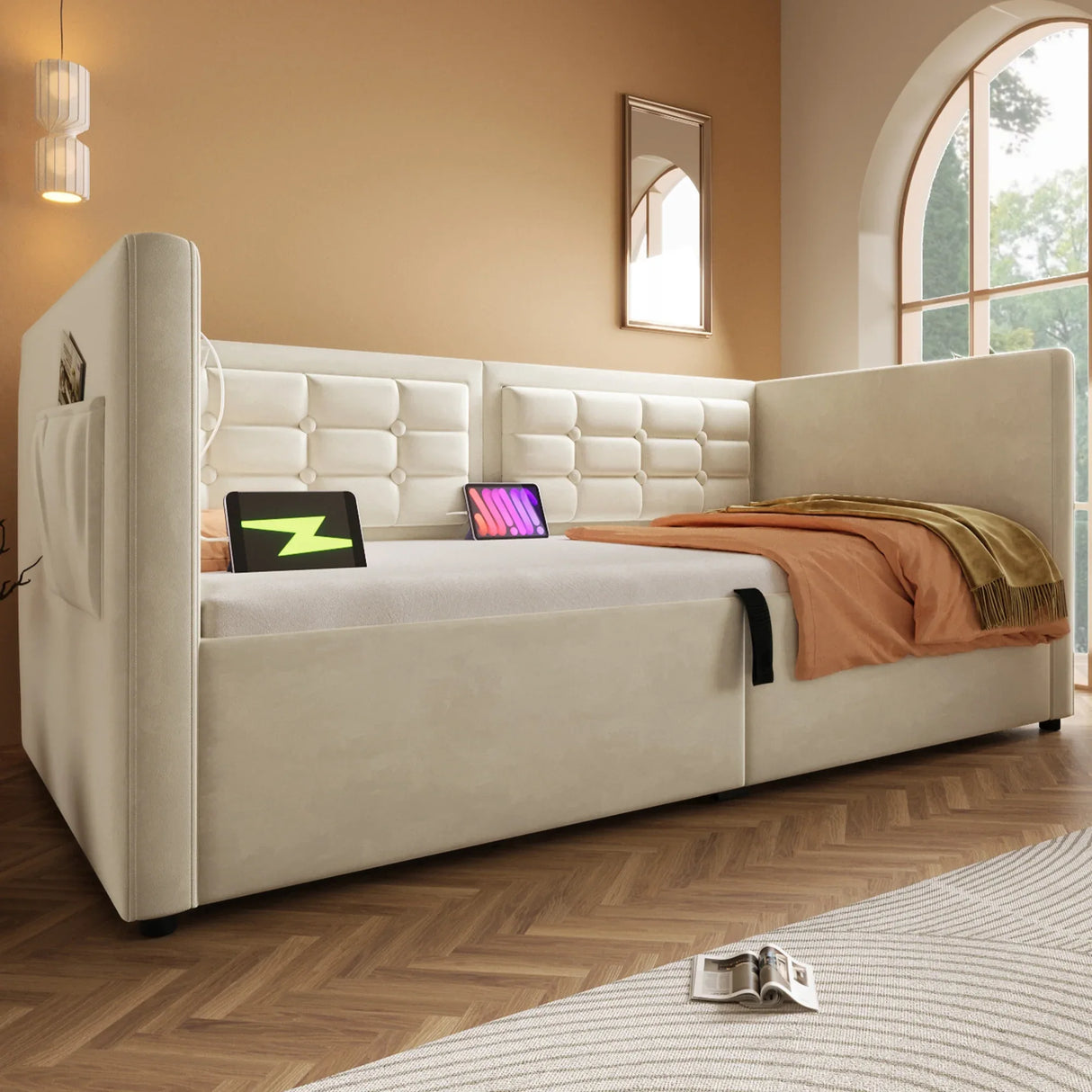 Twin Beige Velvet Upholstered Hydraulic Storage Bed Frame - Omega Lifestyles