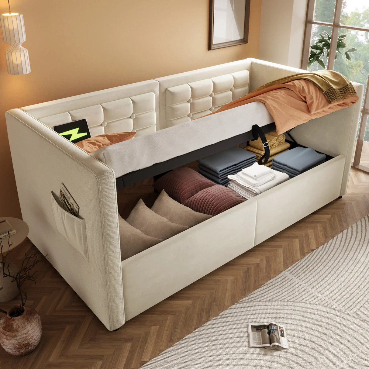 Twin Beige Velvet Upholstered Hydraulic Storage Bed Frame - Omega Lifestyles