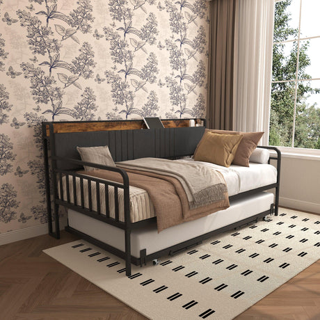 Twin Metal Frame Daybed With Trundle Upholstered Headboard Charging - Omega Lifestyles