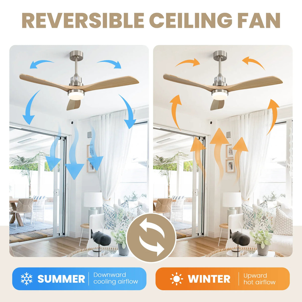 52-Inch Remote-Controlled Reversible Wood Blade Ceiling Fan - Omega Lifestyles