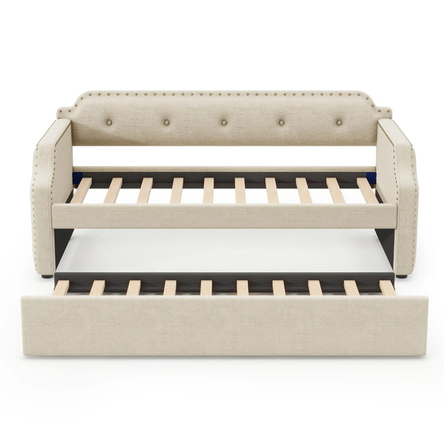 Twin Upholstered Daybed With Trundle Linen Frame - Omega Lifestyles