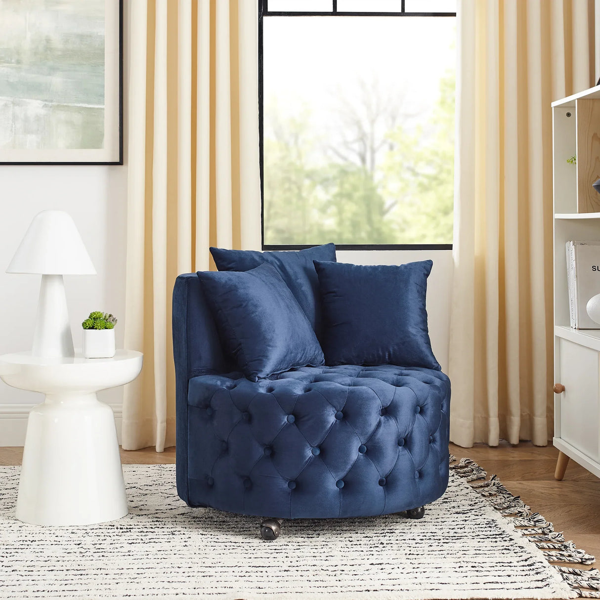 Velvet Upholstered Blue Swivel Chair With Pillows - Omega Lifestyles