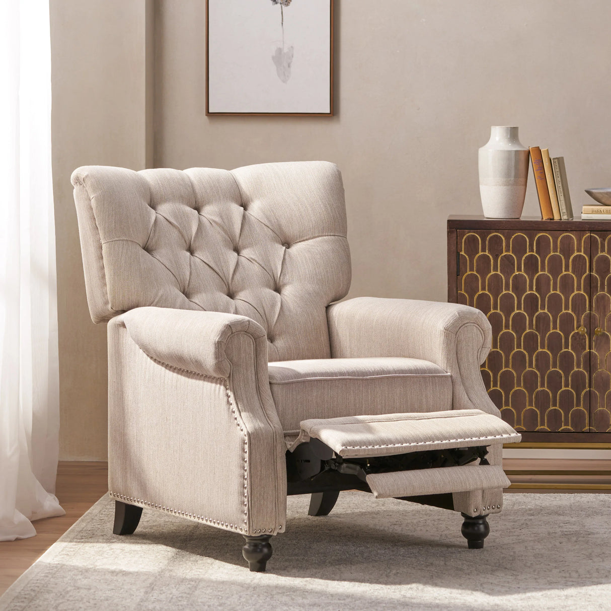 Contemporary Beige Fabric Pushback Recliner Chair - Omega Lifestyles