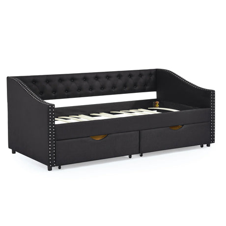 Twin Upholstered Tufted Linen Daybed With Drawers - Omega Lifestyles