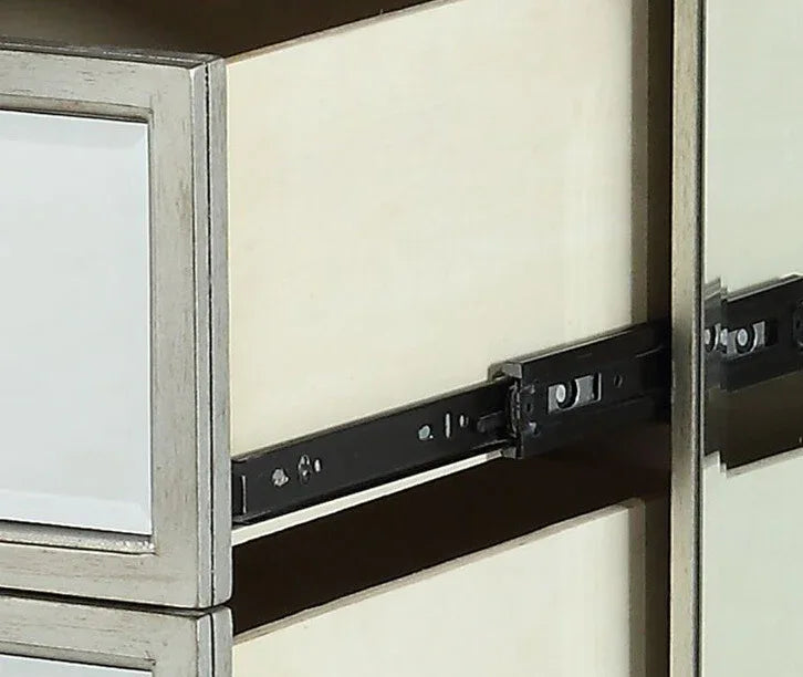 Mirrored Silver Nightstand With Geometric Raised Trim - Omega Lifestyles