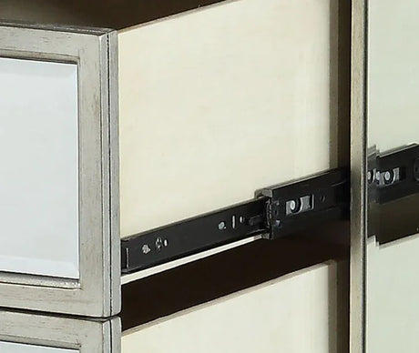 Mirrored Silver Nightstand With Geometric Raised Trim - Omega Lifestyles