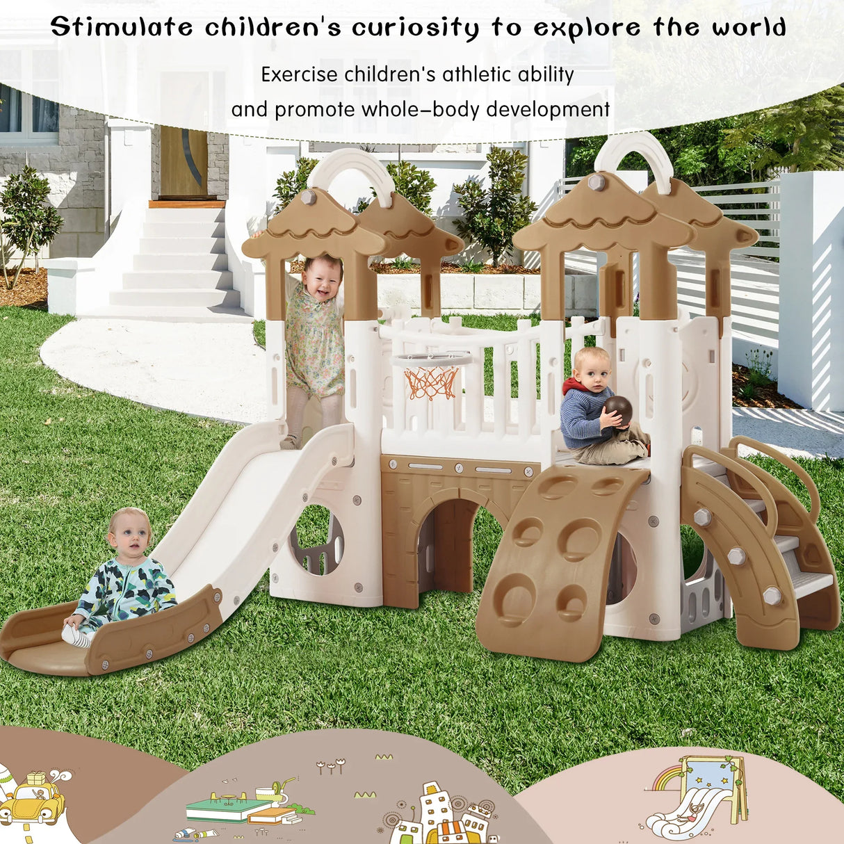 8-in-1 Toddler Freestanding Slide Climber Playset Brown - Omega Lifestyles