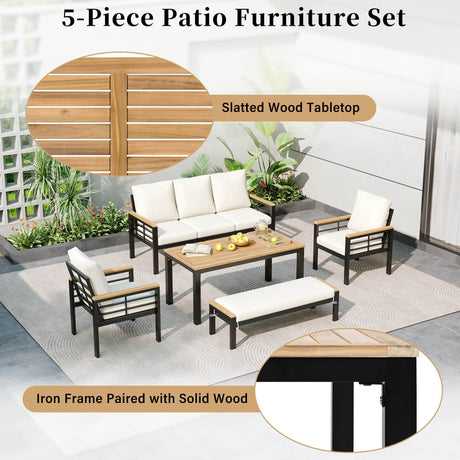 5-Piece Acacia Wood Iron Frame Patio Furniture Set - Omega Lifestyles