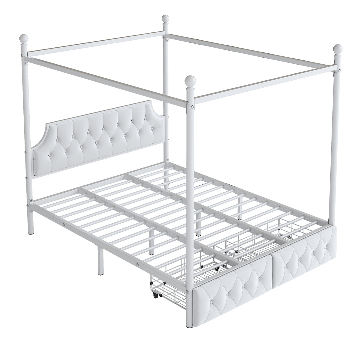 Queen Metal Canopy Platform Bed With Upholstered Headboard And Storage