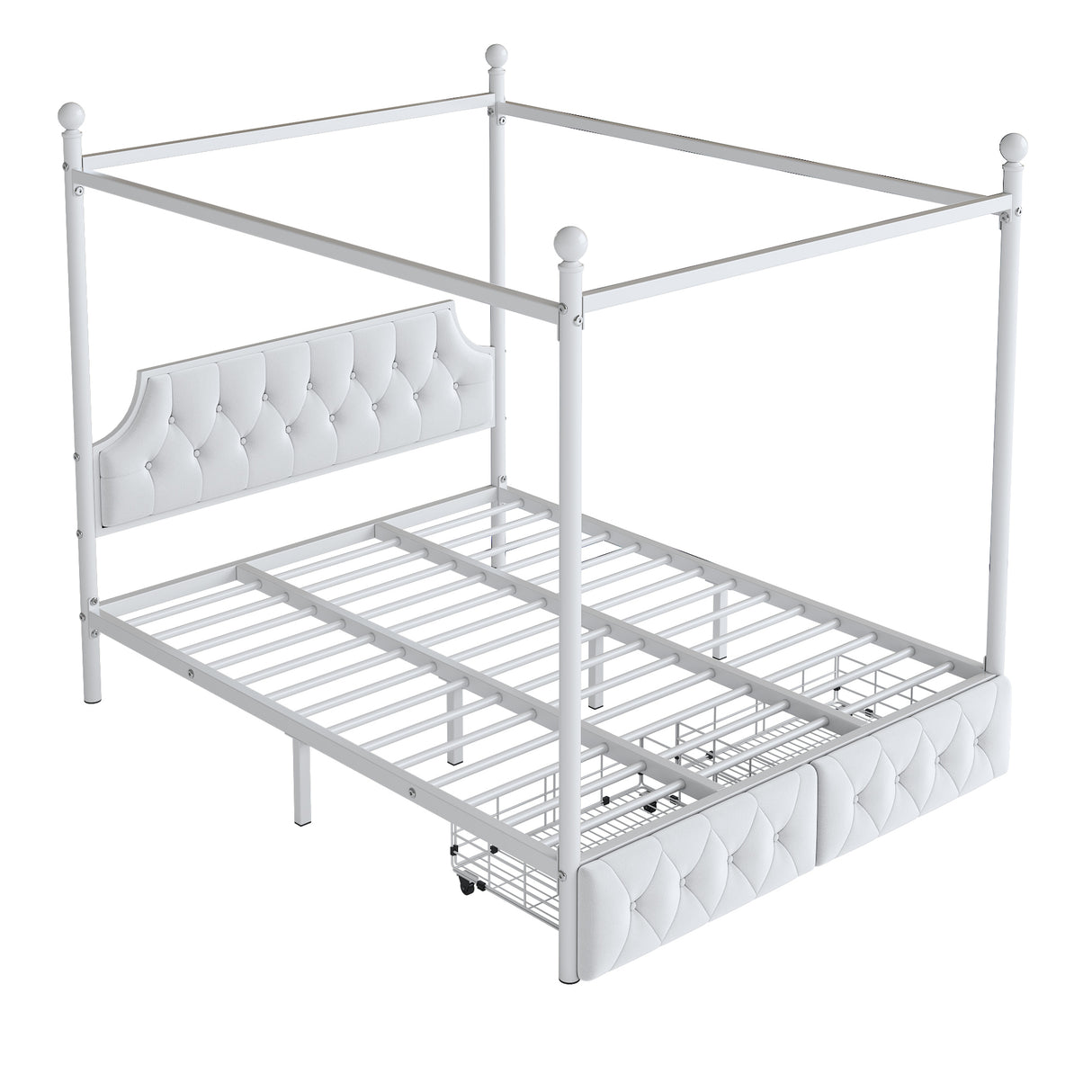 Queen Metal Canopy Platform Bed With Upholstered Headboard And Storage