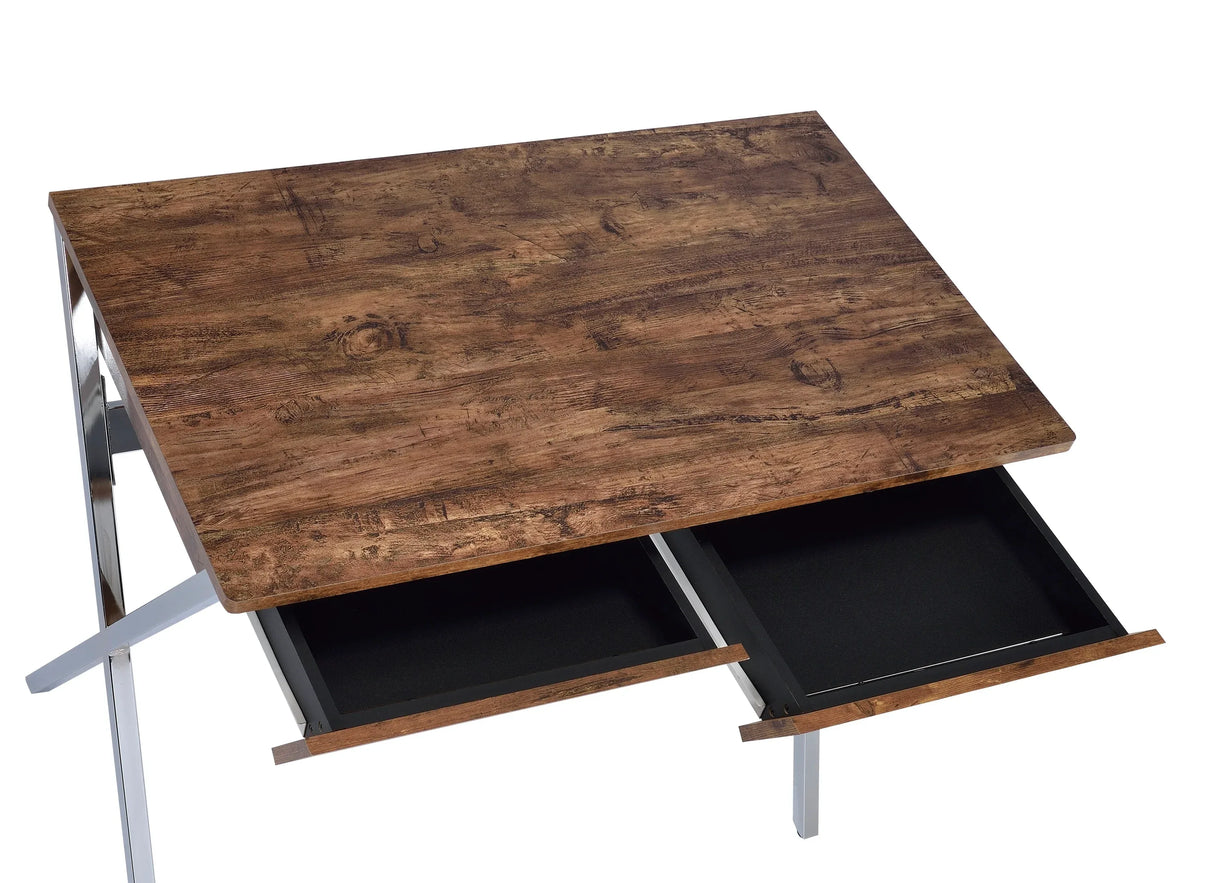 Weathered Oak Chrome Finish Writing Desk With Storage - Omega Lifestyles
