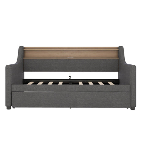 Twin Linen Upholstered Daybed With Trundle Charging Station - Omega Lifestyles