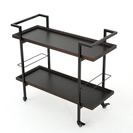 Modern Industrial Walnut Wood Rolling Bar Cart - Omega Lifestyles