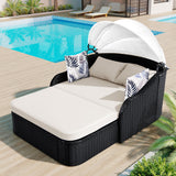 Outdoor Wicker Adjustable Canopy Double Lounge Sunbed